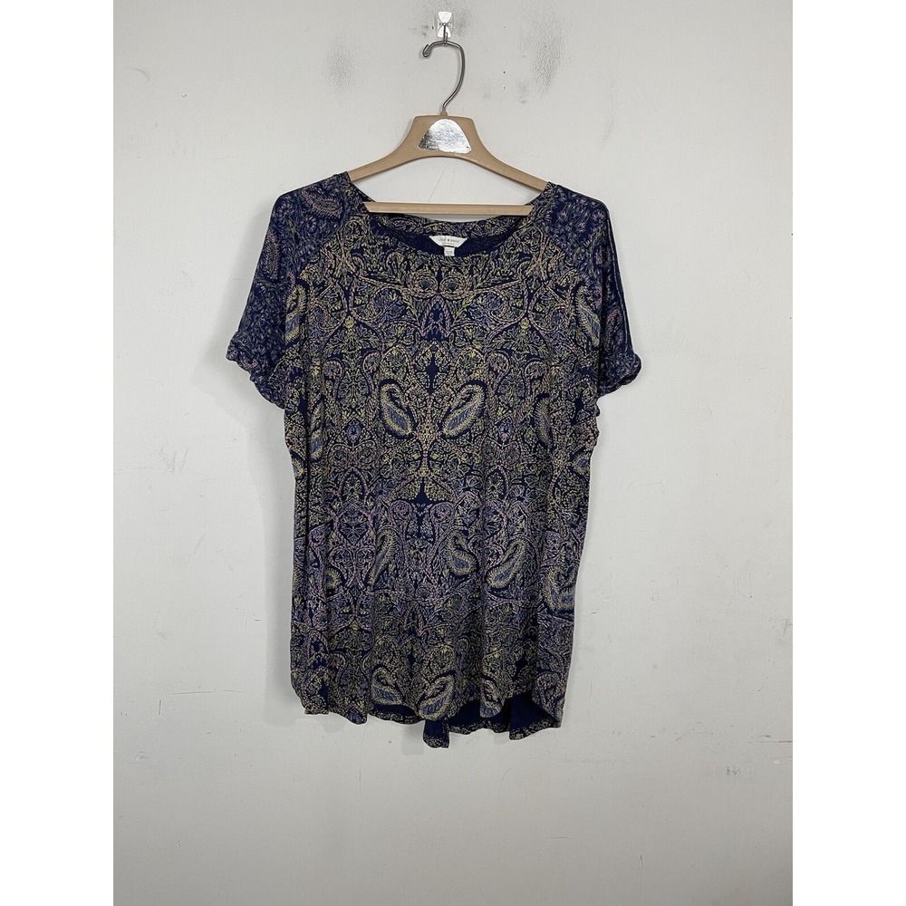 Lucky Brand‎ Womens T Shirt 2X Plus Blue Boho Festival Paisley Tee Old Money